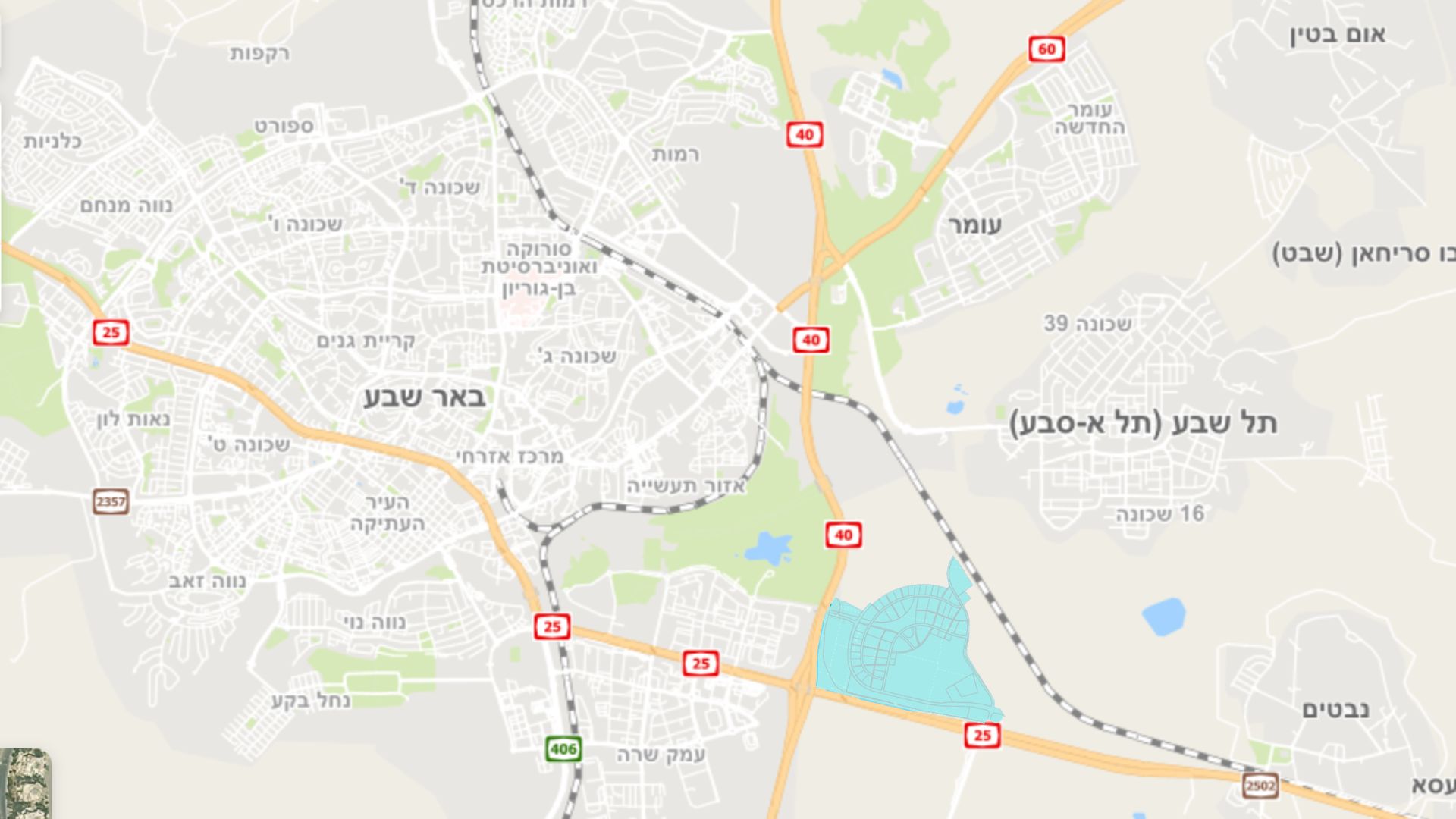 מפת אזור באר שבע, ובה מסומן שטח המתחם מזרחית לעיר, בין כביש 40 לכביש 25